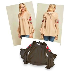 Entro Bell Ruffle Sleeve Embroidered Tie Back V-neck Relax Fit Women’s Black S